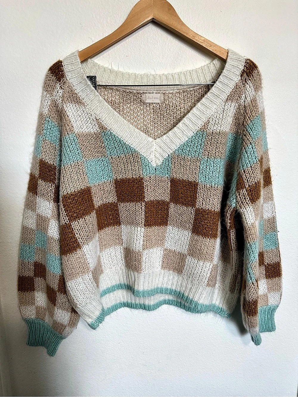 Altar’d State Checkered V-Neck Sweater in Brown & Blue